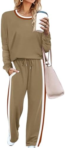 Side stripes down the legs give this apricot two-piece knit set a clean look for long travel days and relaxed mornings.