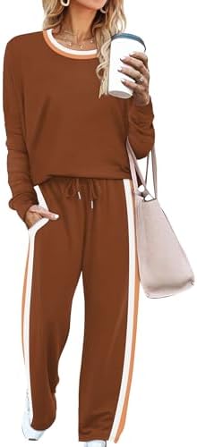 Warm caramel tones and side stripe details give this soft knit two-piece set an easy rhythm for cooler mornings.