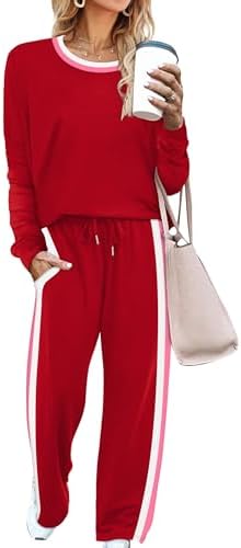 Bright side stripes trim these pull-on jogger pants and the matching long sleeve crewneck top in a soft stretch knit.
