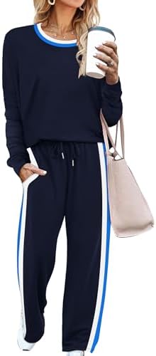 Deep navy knit pairs with contrasting stripes along wide legs, giving this two-piece lounge set an easy, polished presence.