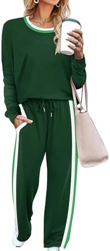 A crisp green lounge set cut in smooth stretch knit, featuring contrasting color block stripes along the sides.