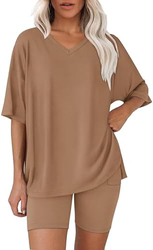 A rich coffee brown knit pairs an oversized V-neck tee with matching biker shorts for warm morning walks and relaxed afternoons.