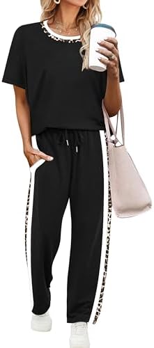 A black short-sleeve top meets wide-leg leopard cropped bottoms in lightweight four-way stretch spacer knit.