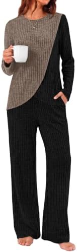 Two-tone khaki and black blocks lend crisp visual interest to this soft knit pullover and relaxed pant set.