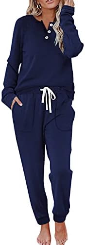 A henley neckline and fleece joggers come together in deep navy blue for breezy mornings and relaxed evenings at home.