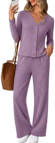 Ribbed knit fabric in a soft light purple tone brings cozy texture to this matching cardigan and flare pant duo.