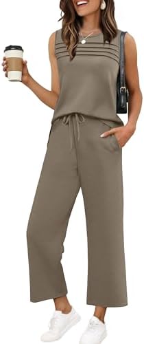 Front pleats and cropped wide legs define this sleeveless two-piece lounge set in a rich coffee tone.
