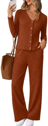 Ribbed caramel knit brings rich warmth to this two-piece set, cut with a button-front V-neck top and easy flared pants.