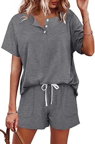 Heather grey knit pairs a henley button top with matching drawstring shorts for an easy warm-weather lounge set.