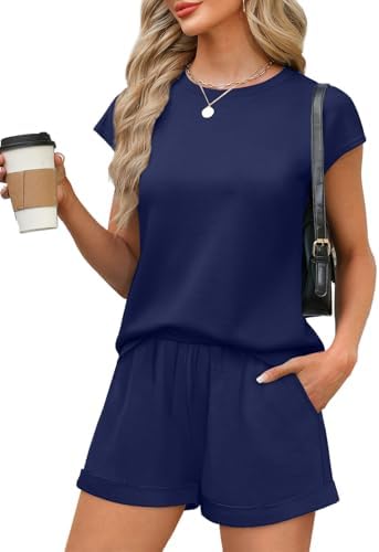 Deep navy blue cotton knit pairs with crisp cap sleeves and pocketed pull-on shorts for relaxed summer mornings.