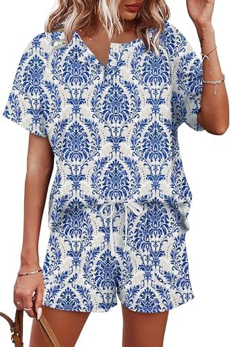 A crisp blue floral print enlivens this easy two-piece pairing of a relaxed henley top and drawstring lounge shorts.