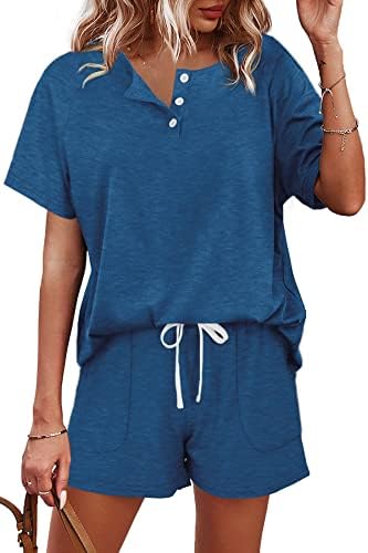 Cool blue knit softens this two-piece set, pairing a short sleeve henley tee with easy drawstring shorts that have deep pockets.
