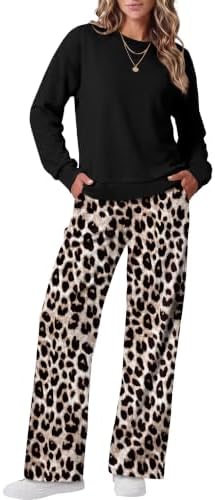A classic brown and black leopard print covers this relaxed two-piece set, featuring wide-leg pants and a long sleeve crewneck top.