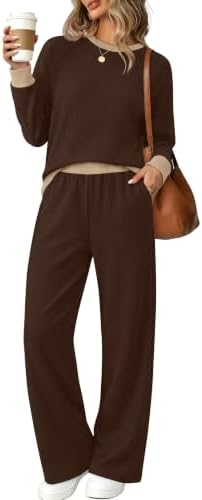 A brushed knit matching set in warm earthy brown, cut with raglan sleeves and breezy wide-leg pants for easy daily wear.
