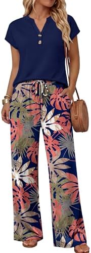 Splashed in our blue pink leaf print, this breezy duo pairs a soft V-neck tee with lightweight wide-leg trousers.