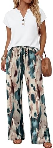 Earthy tones define this two-piece set, pairing a short-sleeve V-neck tee with printed wide-leg pants cut for warm weather.