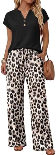 A soft short-sleeve V-neck tee pairs with breezy wide-leg leopard print pants, cut with an adjustable drawstring waist and side pockets.