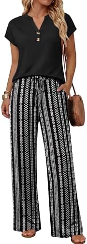 Crisp black stripes give these breezy wide-leg pants a clean line, paired with a solid short-sleeve V-neck top.