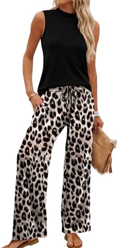 Bold leopard print pants pair with a solid mock neck sleeveless crop top for an easy travel set that packs light.