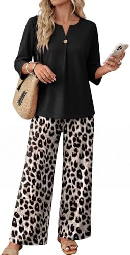Tonal black leopard spots bring a sharp graphic touch to this breathable knit top and wide-leg pant set.