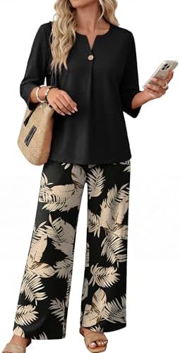 Airy three-quarter sleeves and fluid wide-leg pants come together in a deep Black Leaf print that resists wrinkling on long travel days.