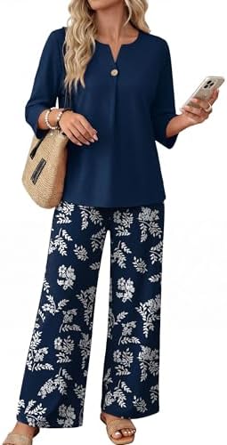 Sprigged blue floral across a button-notched top and breezy wide-leg pants gives this travel knit an easy garden finish.