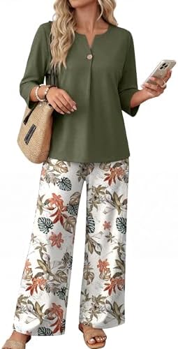 Botanical green leaves spread across breezy wide-leg pants paired with a soft three-quarter sleeve top for easy travel days.