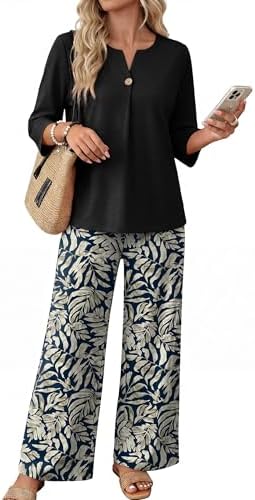 A notched V-neck top with three-quarter sleeves pairs with breezy wide-leg pants in our vibrant blue leaf print.