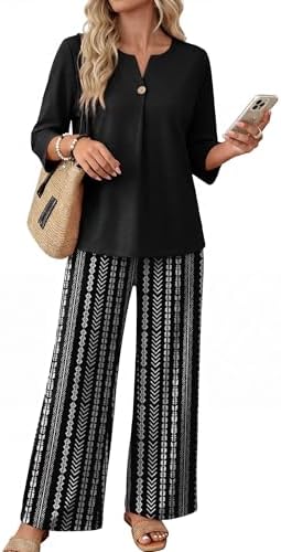 Horizontal black and off-white stripes give this coordinated pant duo a neat graphic look for travel days and casual work.