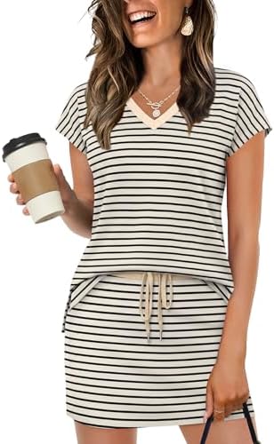 Horizontal black stripes ground this beige two-piece set, cut with a breezy v-neck top and a pleated tennis skirt.
