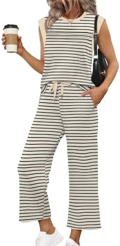 Horizontal black stripes across a soft beige ground give this breezy cap-sleeve top and cropped pant set a classic maritime look.