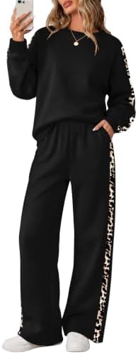 Bold leopard sleeves bring warm patterned contrast to this soft black brushed fleece pullover and relaxed wide leg set.