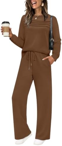 Deep brown knit pairs a pleated crewneck top with relaxed wide leg pants for a cozy matching set that travels well.