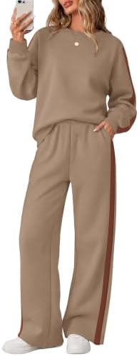 Brushed fleece knit in light taupe paired with brown side stripes gives this relaxed two-piece set an easy, grounded look.
