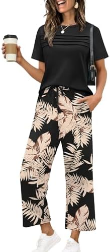 Bold cream palm fronds sweep across a black ground on this breezy two-piece set, cut from ultra-soft spacer knit.