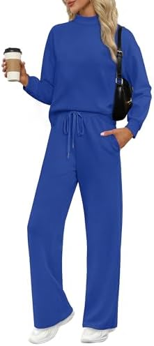 Cut from drapey spacer knit, this crisp blue matching set pairs a neat mock neck top with breezy wide-leg drawstring pants.