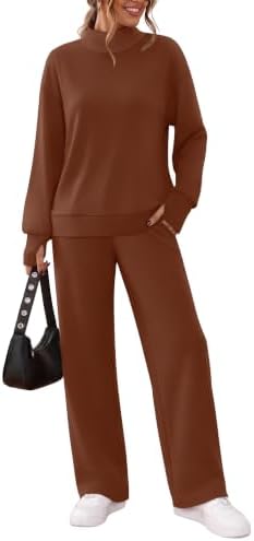 A rich caramel two-piece set featuring a mock-neck top with thumbhole cuffs and drapey wide-leg lounge pants.