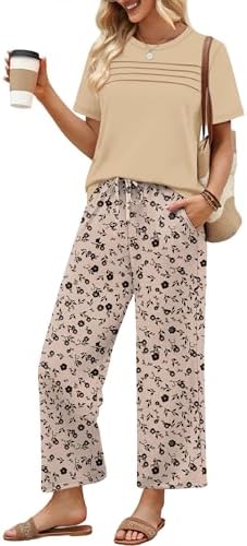 Earthy brown floral print covers this breezy two-piece set, pairing a pleated round-neck tee with cropped wide-leg pants.