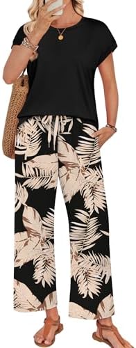 Tonal foliage across a dark base pairs a cap sleeve top with breezy wide-leg pants for easy warm-weather dressing.