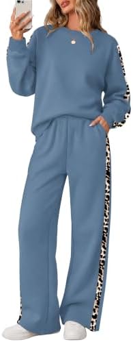 Brushed fleece knits combine with cool blue leopard patterning and crisp side stripes in this easy two-piece lounge set.