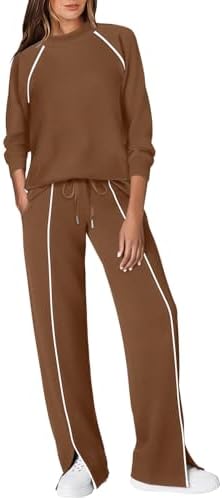 Rich earthy brown gives this breathable two-piece set a grounded tone, cut with neat piping details for travel days and walks.