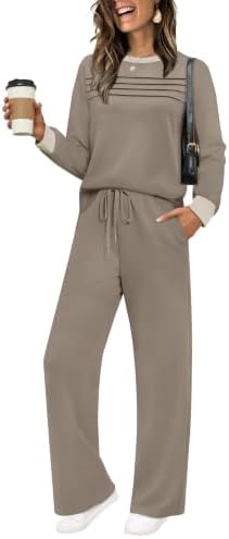 Soft coffee beige knit pairs a pleated crewneck top with wide leg drawstring pants for relaxed mornings and travel days.