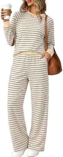 Sleek stretch rib knit shapes this beige and black striped set with raglan sleeves and breezy wide-leg lounge pants.