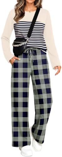 Crisp navy plaid brings subtle pattern to this lightweight two-piece set, cut with a classic crew neck and drawstring pants.