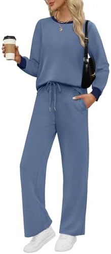 Cool slate blue and muted grey panels give this relaxed two-piece set a crisp look for travel days and casual mornings.