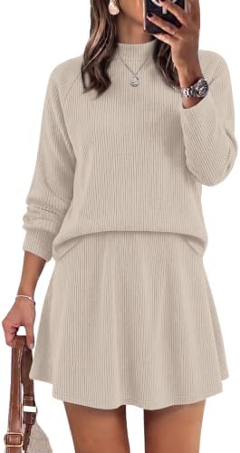 Soft apricot tones bring warmth to this paired mock neck sweater and high-waisted A-line mini skirt cut from breathable knit.