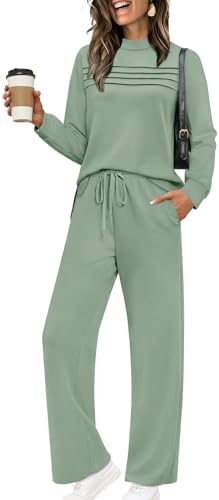 Airy spacer knit gives this blue green set a fluid drape, combining a pleated long-sleeve top with cropped wide-leg pants.