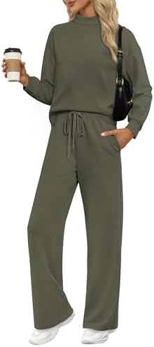 Spun from drapey spacer knit in deep army green, this mock neck pullover and wide leg pant set travels neatly without bulk.