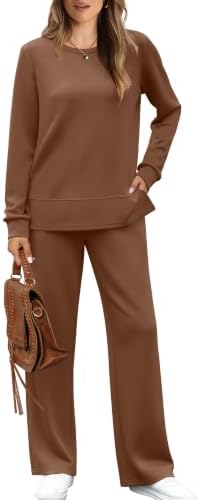 A rich brown knit set with a side-slit crewneck pullover and drawstring wide leg lounge pants for cool mornings.