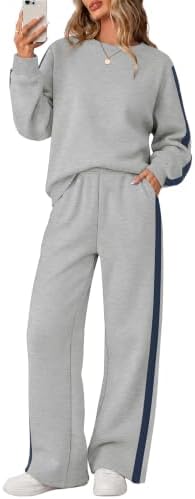 Heather grey fleece meets navy side stripes on this easy two-piece set cut with a classic crew neck and roomy wide legs.